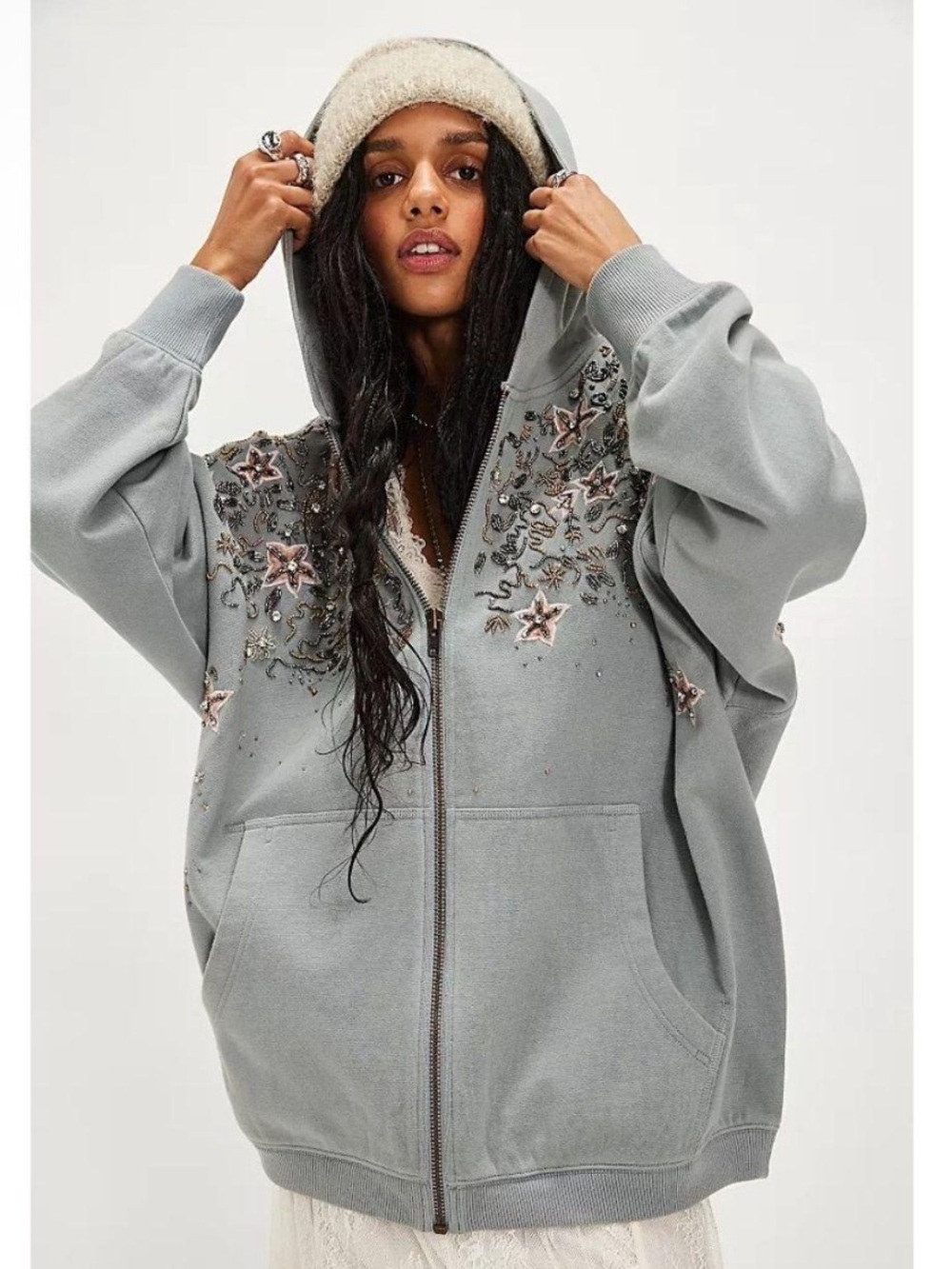 FP Movement by Free People Embellished Light Gray Zip Hoodie